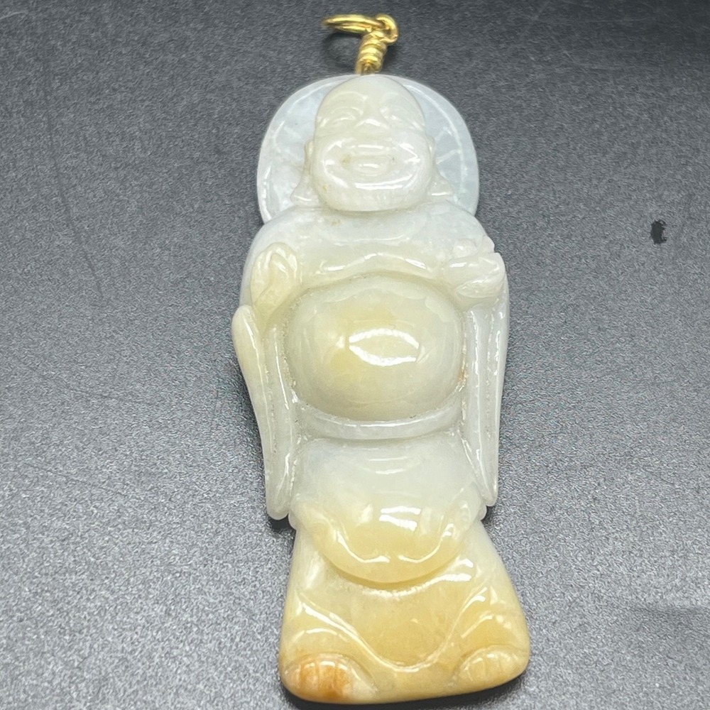 Happy Laughing Buddha Jadeite Pendant, waxy‎ White to Gold